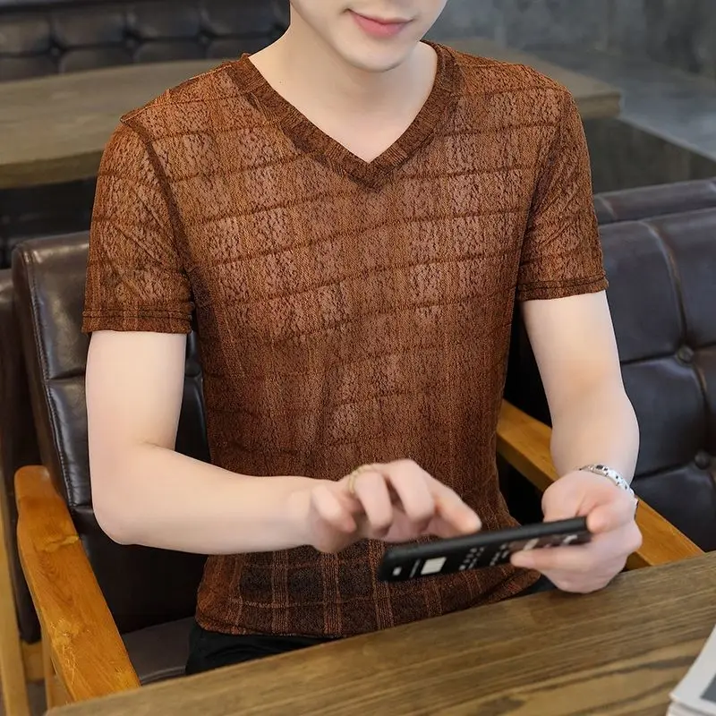 

The new summer ice silk V-neck short-sleeved men's T-shirt trend hollow air through men's shirt with half sleeved clothes