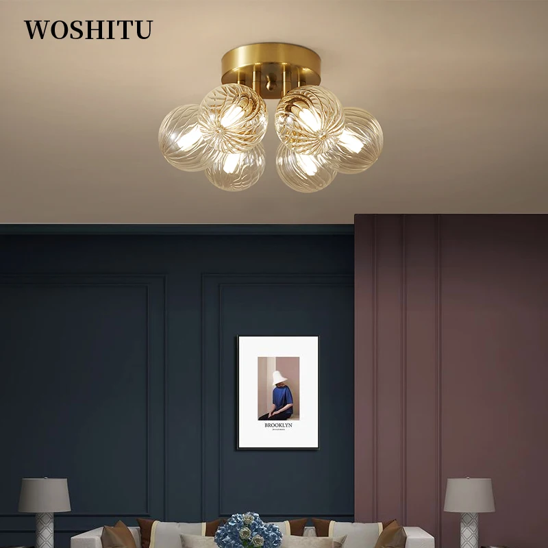 

Nordic Ceiling Glass Ceiling Lamp for Bedroom Livingroom Indoor Lighting Round Corrugated Lamp Shade Gold Room Light Fixture