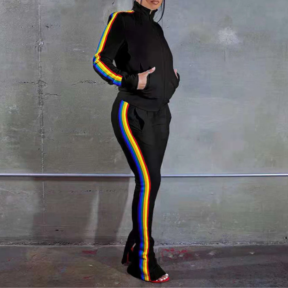 

Спортивный костюм Tmustobe женский из двух предметов, многоцветный костюм в полоску, пальто на молнии с длинным рукавом, узкие брюки с карманами...