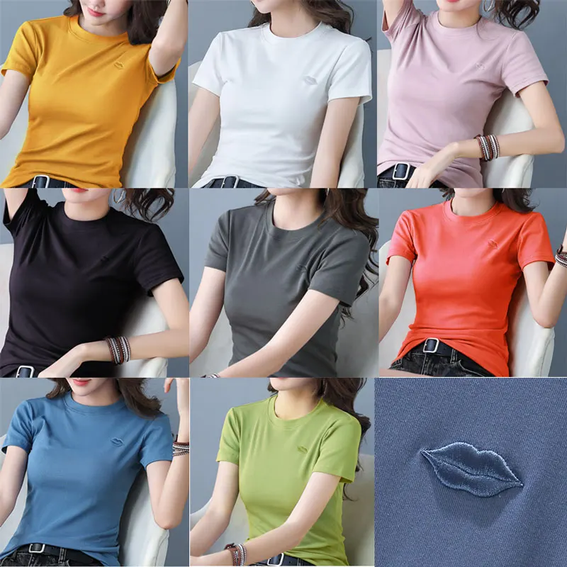 

Cotton T-Shirt Womens Embroidery Lips Flower Letters Short Sleeve O Neck Tee Shirt Femme Slim Woman Tshirts