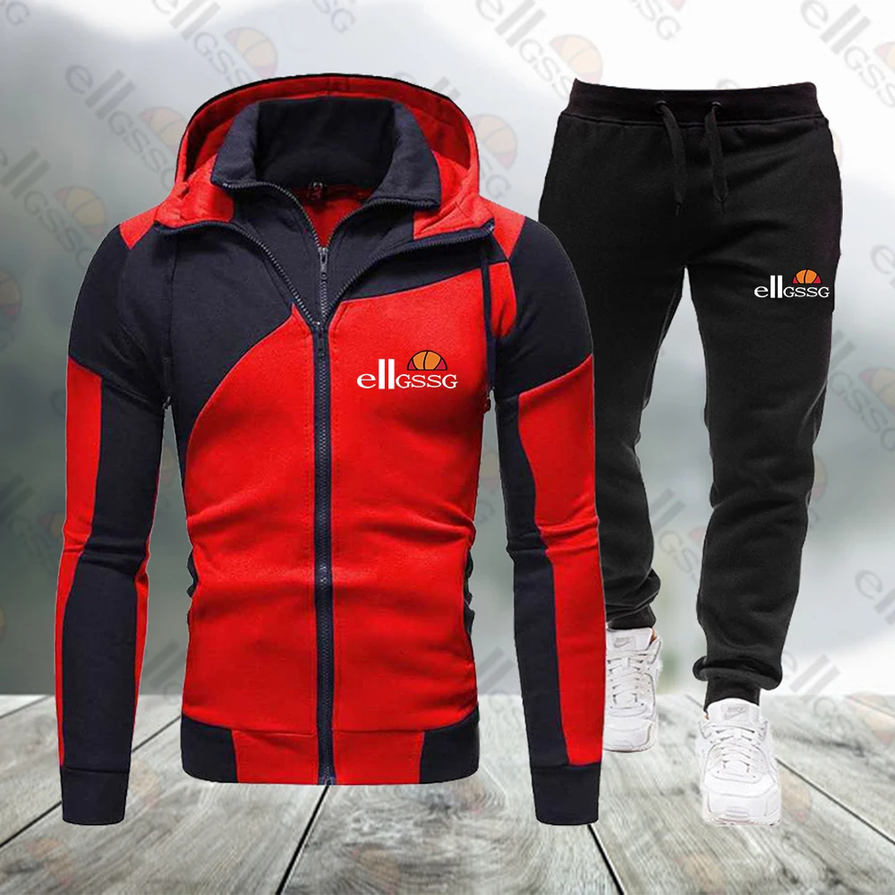 

2021 Men's Sports Hoodie Double Zip Jacket Fall Winter Fleece Men's Brand Clothing Sports Suit Belt Fitness Tights Fashion