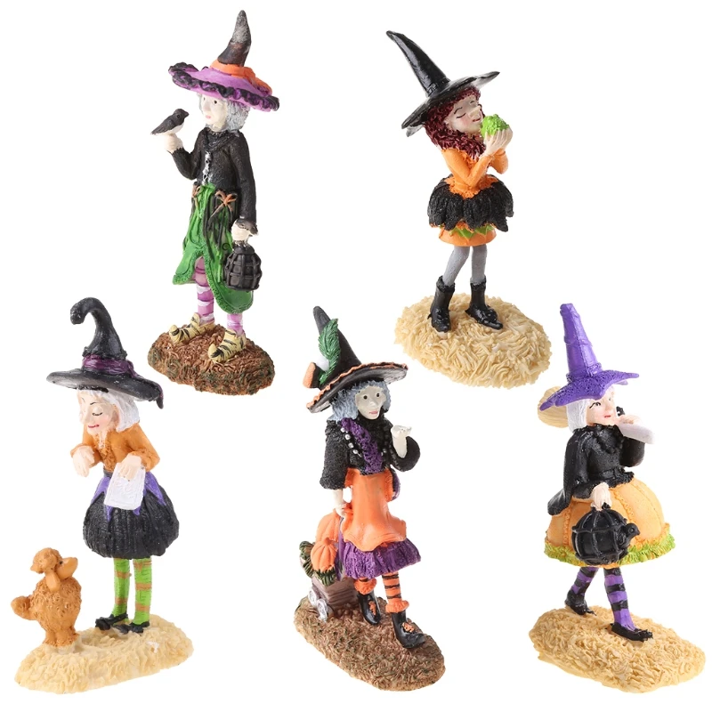 

67JB Halloween Witch Doll Ornament Charming Desktop Dolls for Halloween Home Office Decoration Gift Resin Crafts