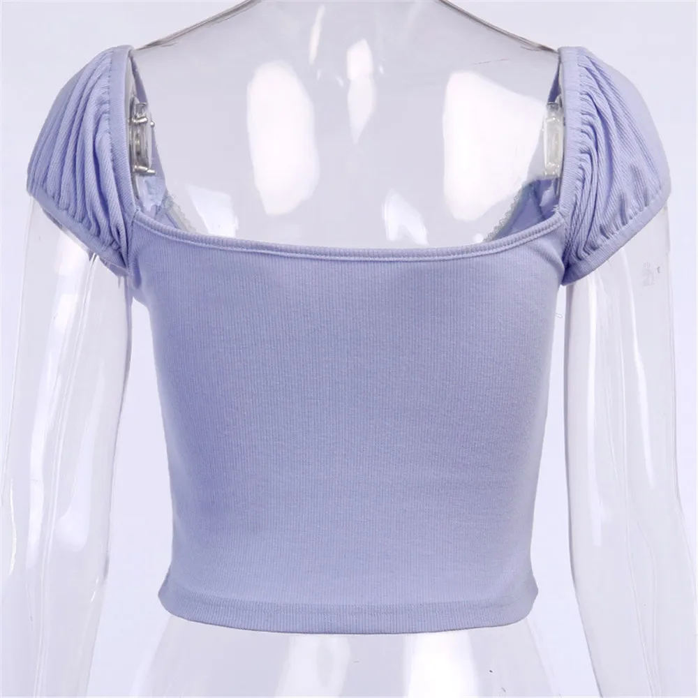 

Women Solid Color Basic Puff Short Sleeve T-Shirt Square Collar Sexy Knitted Crop Top Tee