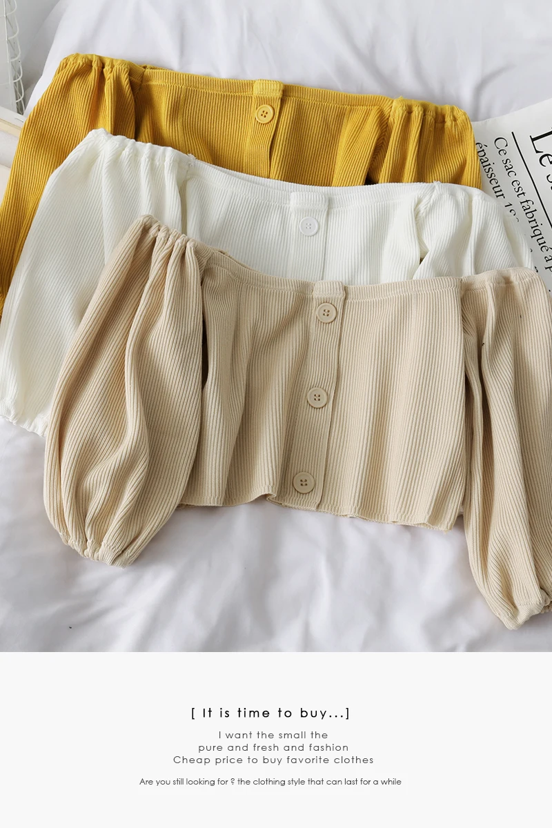 

Abrini Off Shoulder Female Buttoned High Street Up Shirt Knitted Crop Shirts Shirt Casual Skinny Sexy Tops 2021 Summer Shirts
