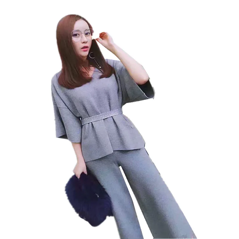 Женский вязаный комплект из двух предметов свободные брюки с широкими штанинами