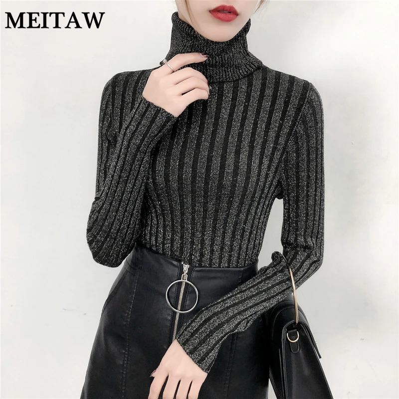 Shiny Lurex Autumn Winter Women Sweater Casual Long Sleeve Turtleneck Slim Pullover 2019 Korean Style Knitted Tops | Женская одежда