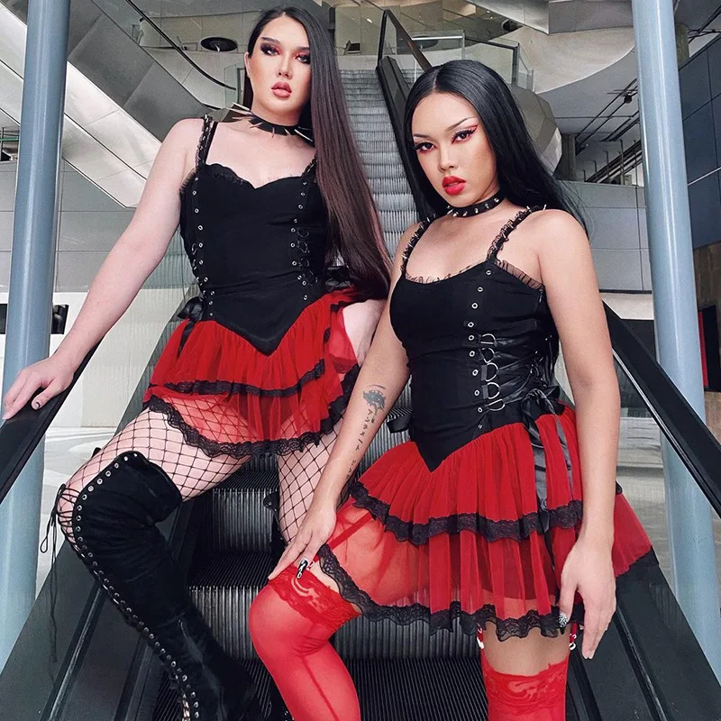 

HEZIOWYUN Y2K Gothic Women High Waist Color Block Layered Mesh Hollowed Out Spring Summer Fall Slimming Ball Gown Sling Dress