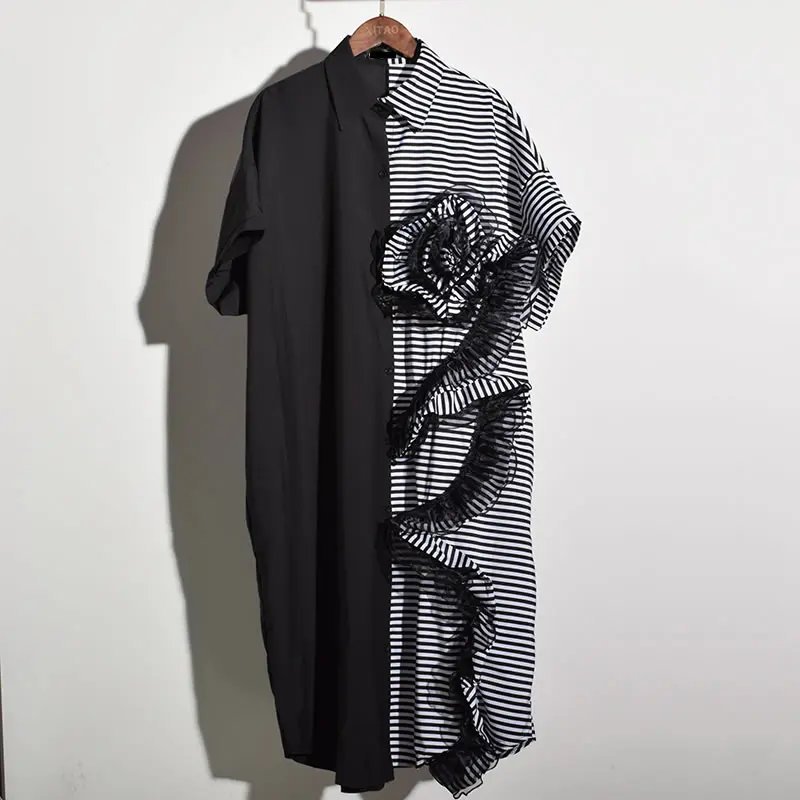 Женское асимметричное платье XITAO Черное длинное в полоску размера плюс с