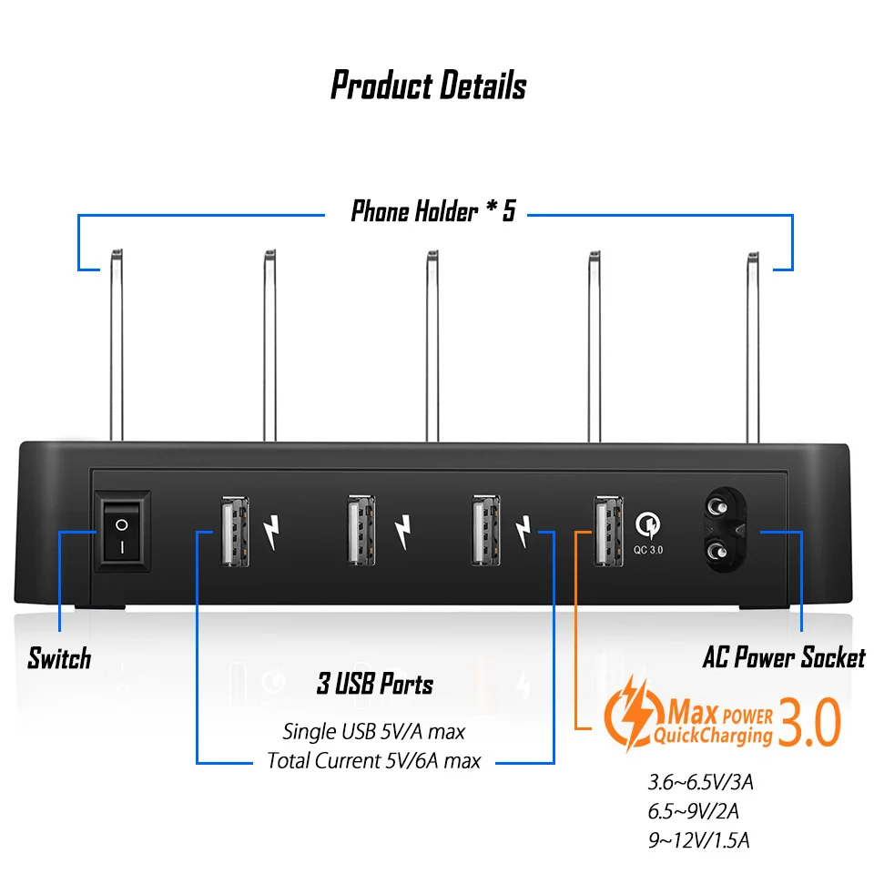 Универсальная настольная зарядная станция USB 40 Вт с 4 портами QC3.0 и держателем