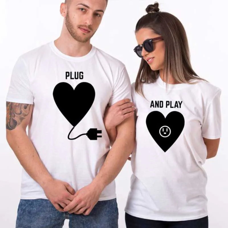 

White Tops Tee Love Heart Plug and Play Print Female Casual Cotton Clothes Summer Couples Lovers T-Shirt for Men and Women