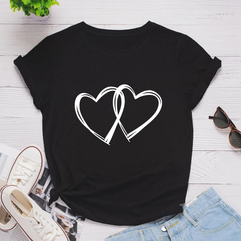 

Double Heart Print Women T Shirt Short Sleeve O Neck Loose Women Tshirt Ladies Fashion Tee Shirt Tops Clothes Camisetas Mujer