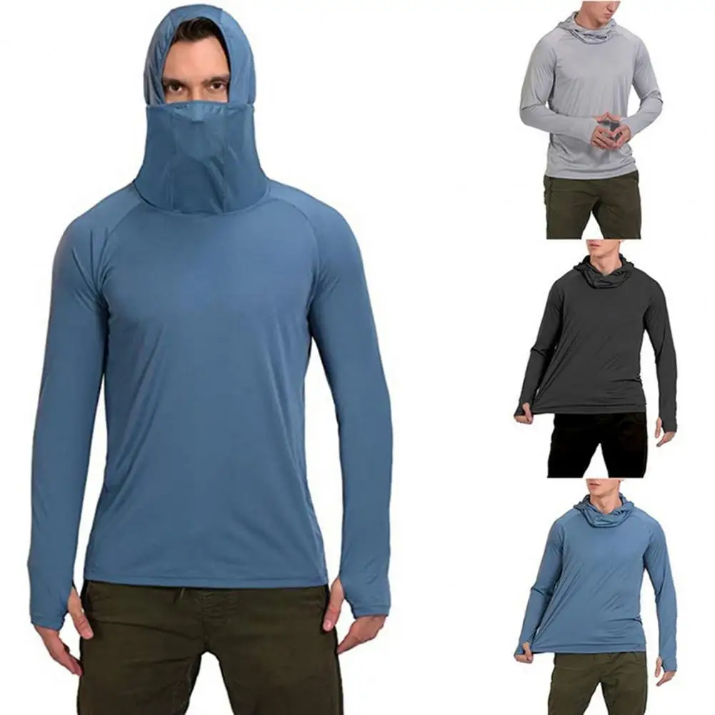 

Sun Protection Fishing Shirt Solid Color Hooded Men Thin Lightweight Stretchy Thumb Hole Top for Outdoor Hiking Climbing Cycling