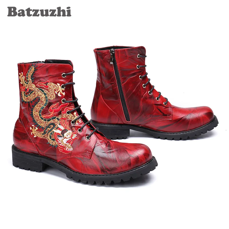 Batzuzhi Cool Boots Men Lace-up Genuine Leather Ankle Motorcycle Biker Combat Botas Hombre Black or Big Size 46
