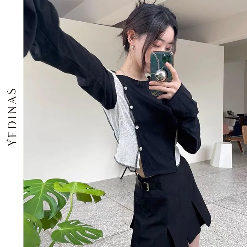 Женская трикотажная футболка Yedians укороченный топ в стиле пэчворк с длинным