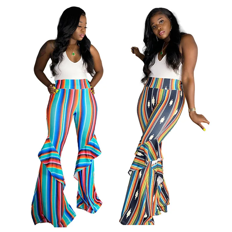 

2020 Summer Colorful Striped Printed High Waist Skinny Bodycon Flare Pants With Cascading Ruffles Sexy Holiday Beach Party Wear