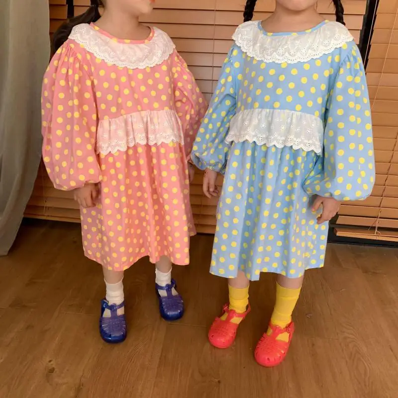 

2021 Spring New Arrival Princess Dresslace Collar Children Clothes Girls Long Sleeve Dot Print Dress Kids Cotton kids clothes