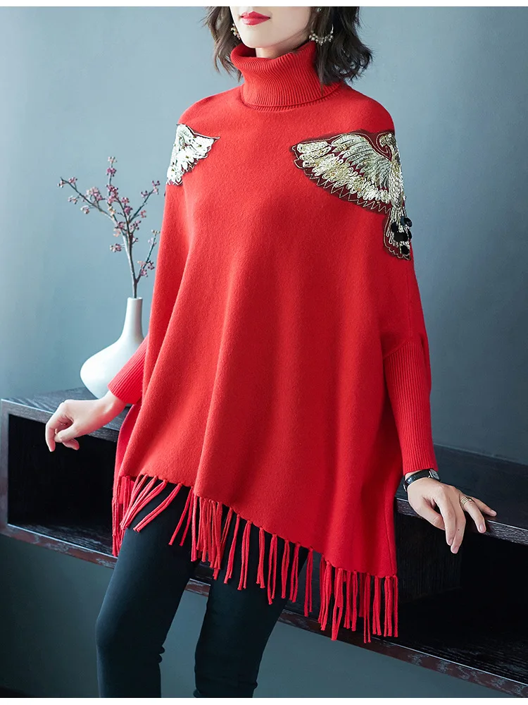 2019 autumn and winter Sweater flying eagle embroidery loose head cloak coat new sweater female ins | Женская одежда