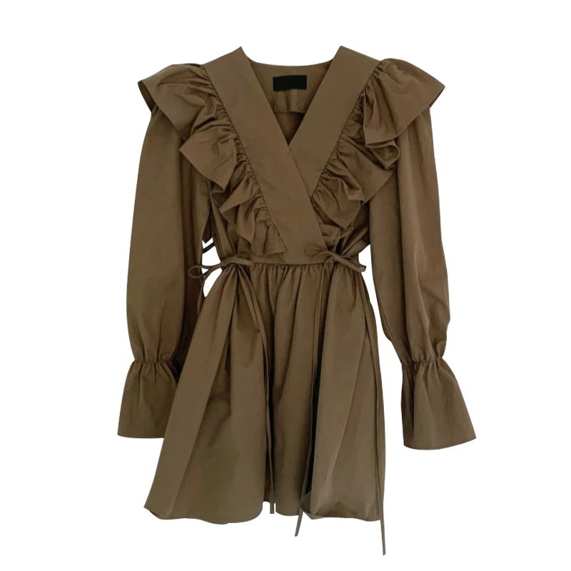 

Early Spring 2021 New Sweet V-neck Ruffled Temperament Waist-Controlled Slimming Dress Super-Fairy Petite Short Skirt
