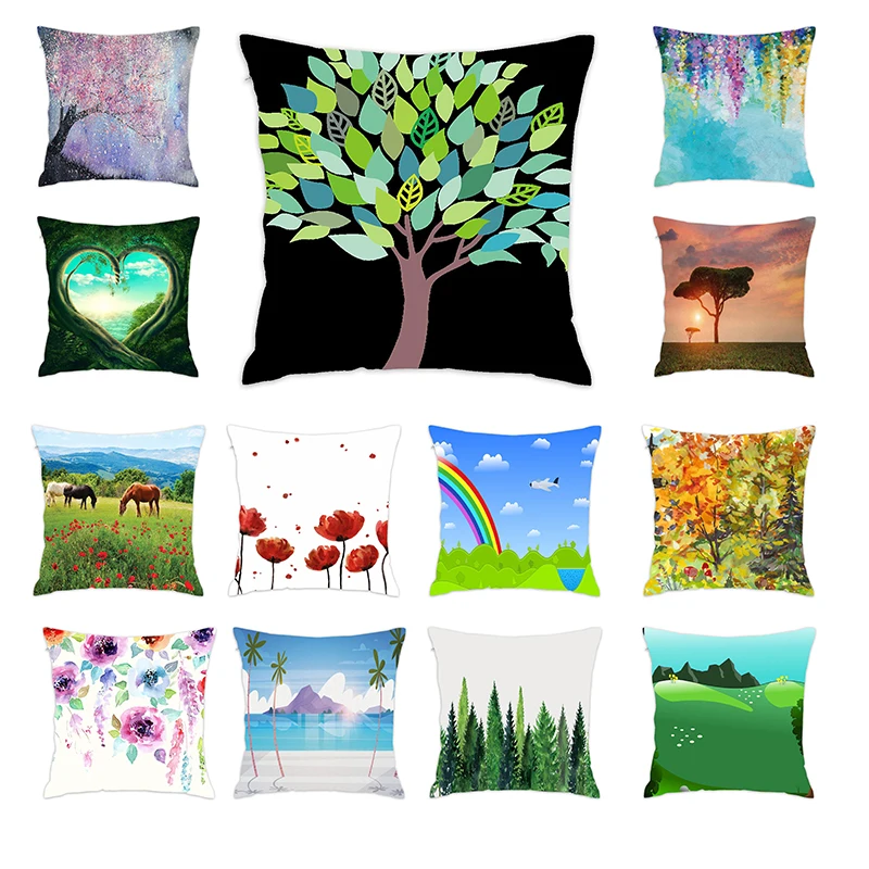 

[Douladou]Tropical Tree Nature Landscape Pillow Case Watercolor Flower Purple Cushion Covers Cojines Decorativos Para Sofa 45x45