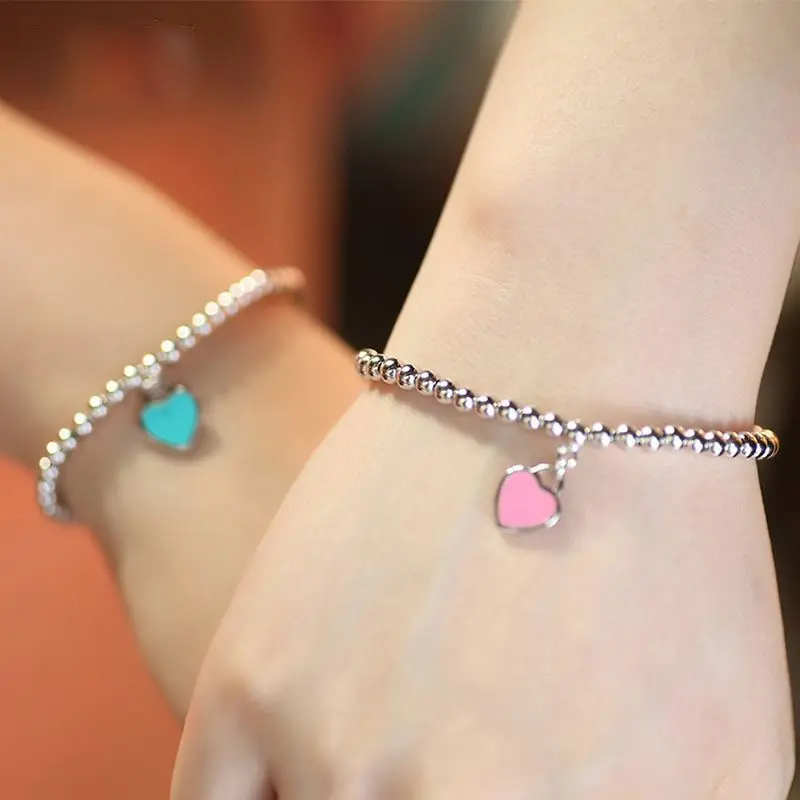 

New Ladies S925 Sterling Silver Bracelet Mermaid Jelly Lin with Round Bead Chain Love Enamel Bracelet (3 Colors Optional)