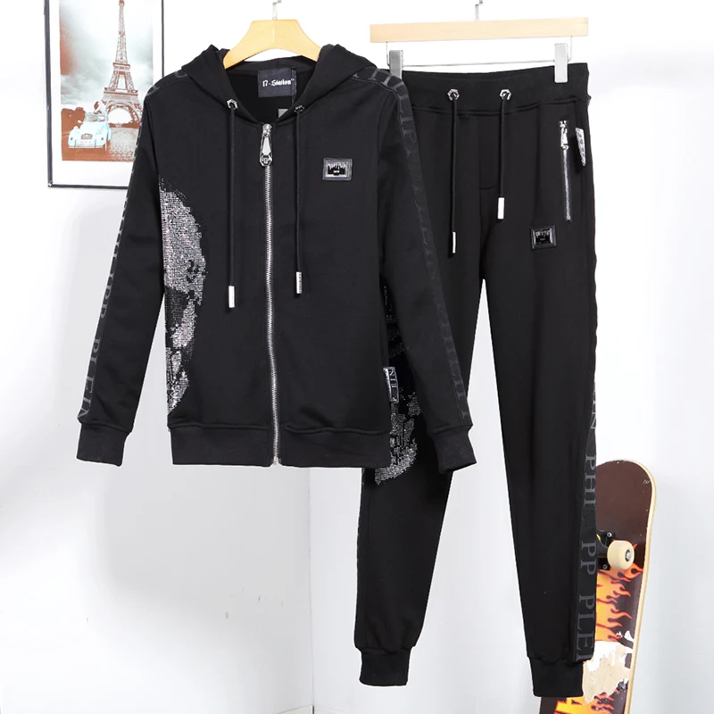 

Bodywear European sweater suit men's letter hot diamond heavy gold plein hooded cardigan pants PP German fashion brand hot 2ps