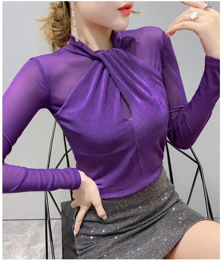 Chemisier Femme, новинка, сетчатая однотонная женская блузка с длинным рукавом, топы, повседневная приталенная рубашка с круглым вырезом, женская одежда, осень 7300 50