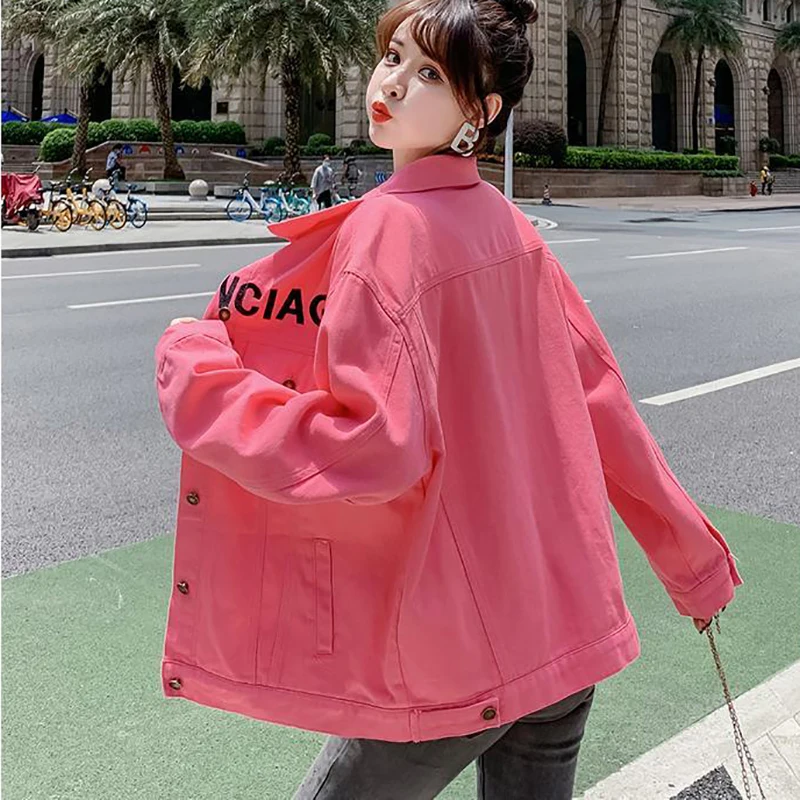 

Single Breasted Full sleeve denim jacket Women Korean Style Letter Printing Polo Collar Coat Streetwear Casula Loose jacket