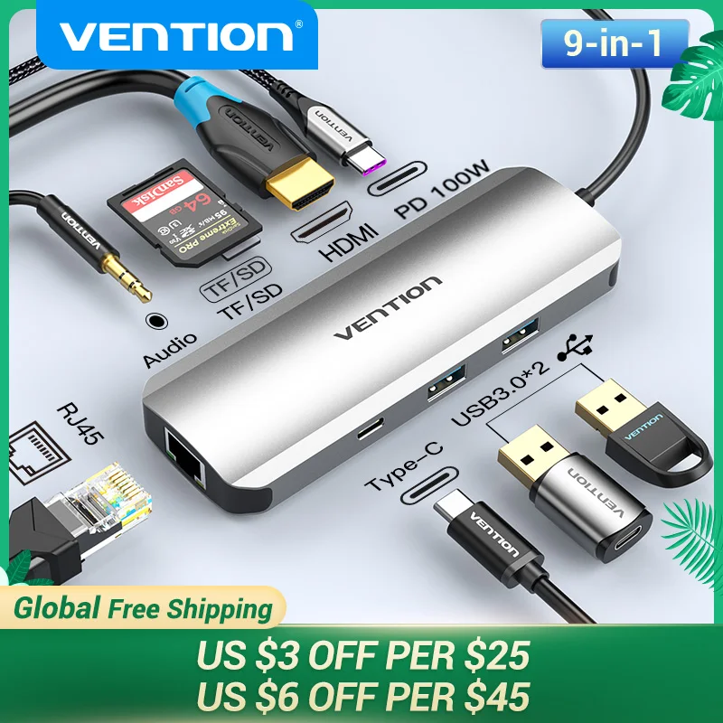 

Vention USB C Hub USB C to HDMI 4K VGA PD RJ45 3.5mm USB 3.0 Dock for MacBook Pro Accessories USB-C Type C 3.1 Splitter USB HUB