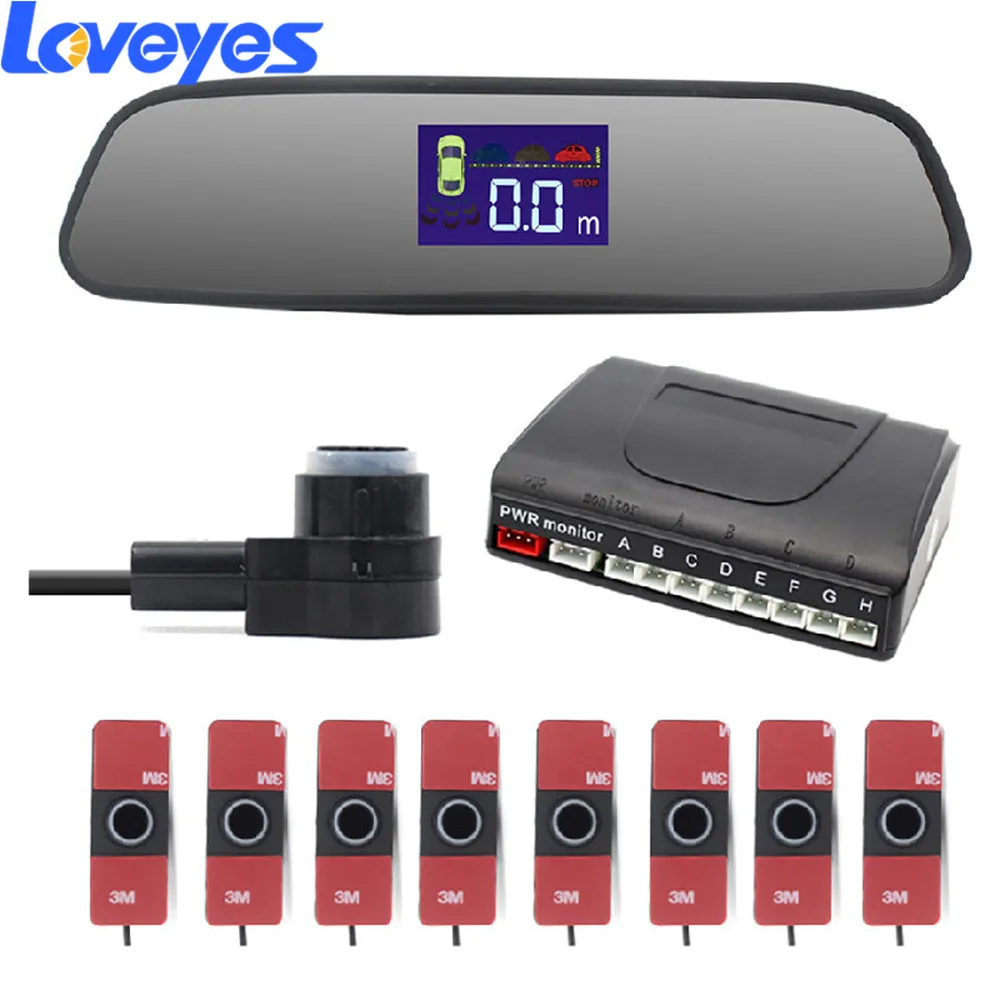 

Car Rear View Parktronic Parking Sensors System LED 3inches Crescent Reversing Radar Beep Buzzer Voice 8 Probe Detector PZ314