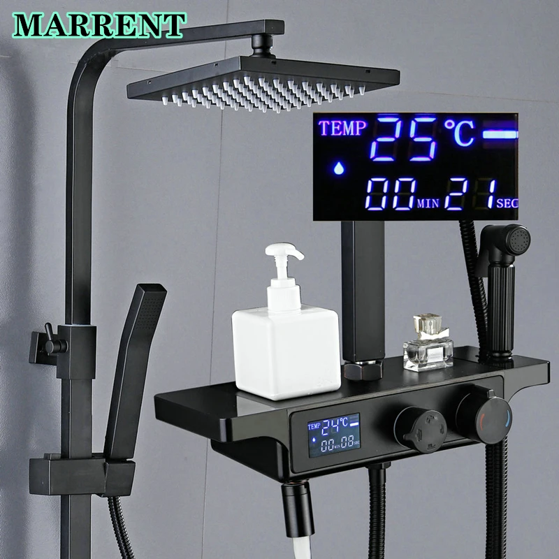 

Digital Shower Set Wall Mounted Matte Black Hot Cold Bathroom Shower Faucets Quality Brass Thermostatic Bath Shower System Set