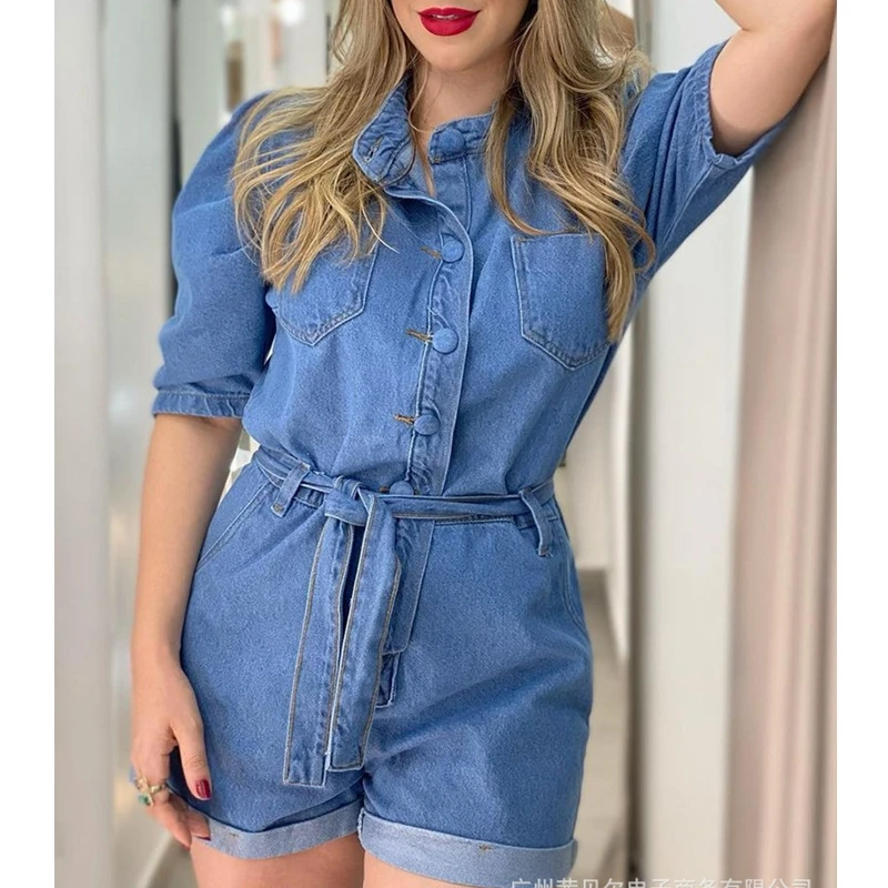 

Женский джинсовый комбинезон Wepbel, джинсовый комбинезон с короткими рукавами, джинсовый комбинезон с высокой талией, синий комбинезон