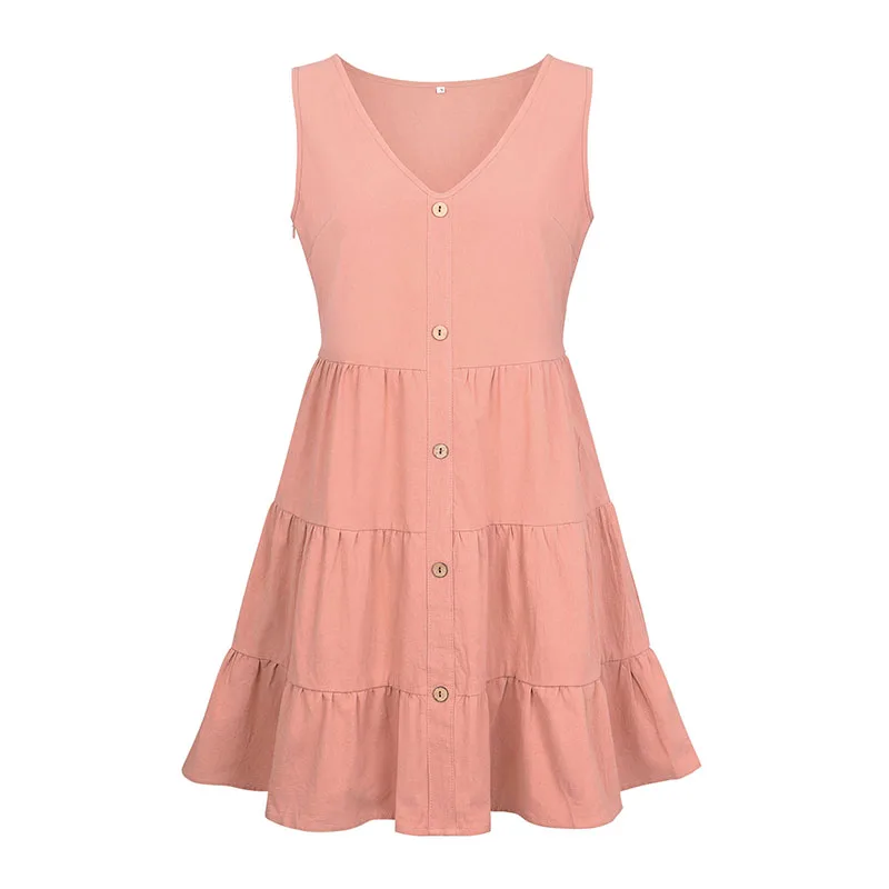 Милое зеленое платье Boho Kawaii, Пляжное летнее платье для женщин, пуговицы, оборки, карманы, платье без рукавов, верхняя одежда, сарафан, GV249