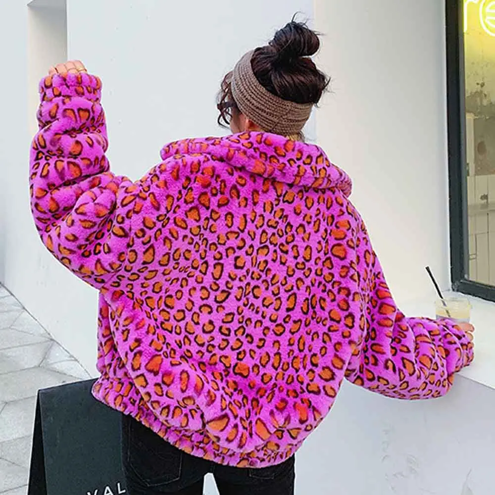 TXJRH, меховое пальто с отворотом, мохнатое, цветное, фиолетовое, леопардовое, искусственный пушистый кролик, пальто с длинным рукавом, на молнии, Женская куртка, верхняя одежда