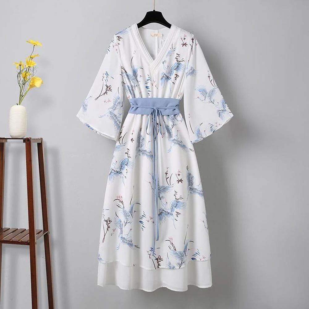 

Новинка 2021, китайское шифоновое платье с цветочным принтом для женщин, раньше, костюмы для косплея, сказочное платье, женская одежда