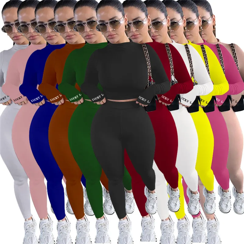 

Lucky Label Fall Clothing Sets Women Solid Round Neck Long Sleeve Top Leggings Casual Two Piece Set Ladies Wholesale Dropshpping