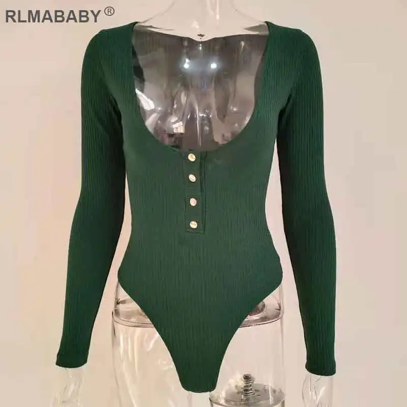 Army Green Rlmaaby сексуальный трикотажный комбинезон с глубоким v-образным вырезом и пуговицами, Облегающий комбинезон с длинным рукавом, женский комбинезон, Осенний базовый топ-боди - Цвет: Army Green