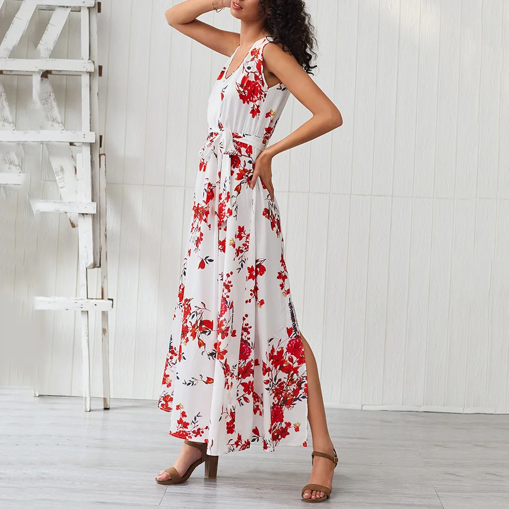 Богемное женское белое платье на шнуровке 2020 с цветочным принтом длинное пляжное