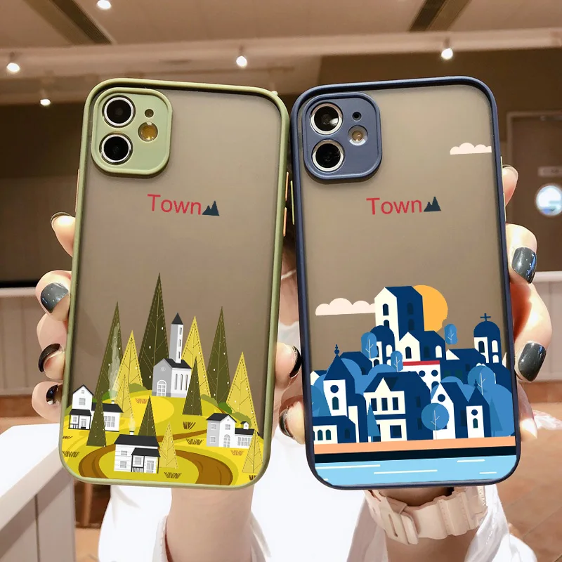 

Hand Painted Town Scene Phone Case For iPhone 6S 7 8 Plus 12 mini 11 pro max SE 2020 XS XR XS Max Hard Shockproof Back Cover