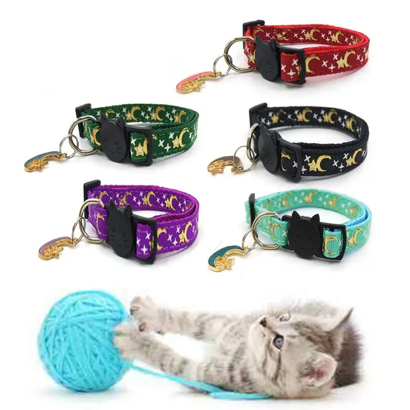 

5 шт., светящиеся регулируемые ошейники для кошек с изображением звезды луны, светящиеся в темноте, отражающие ошейники