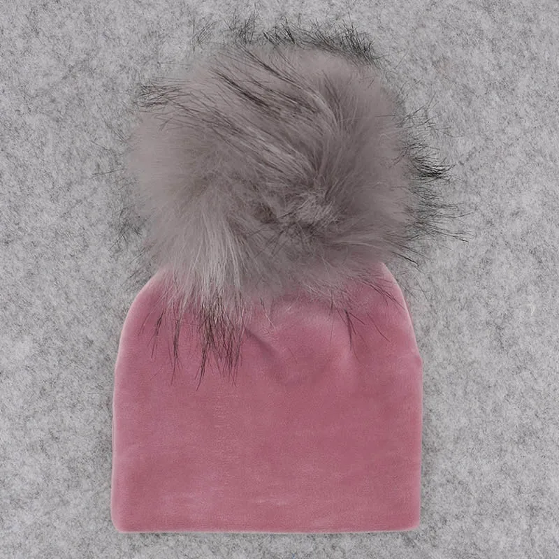 pink 3 Осенне-зимняя плотная Теплая Бархатная детская шапка с меховым помпоном, шапки, мягкие хлопковые шапки для новорожденных мальчиков и девочек - Цвет: pink 3