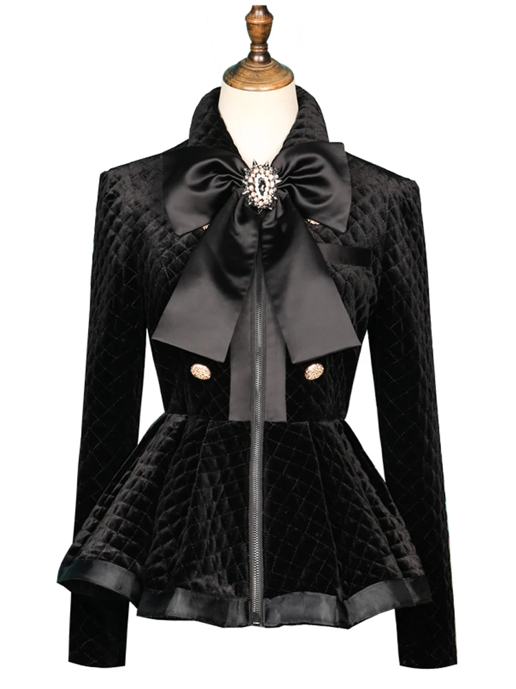 

2021 NEW winter fashion high street women clothes Slim single breasted bow collar velvet full sleeves short jacket WK