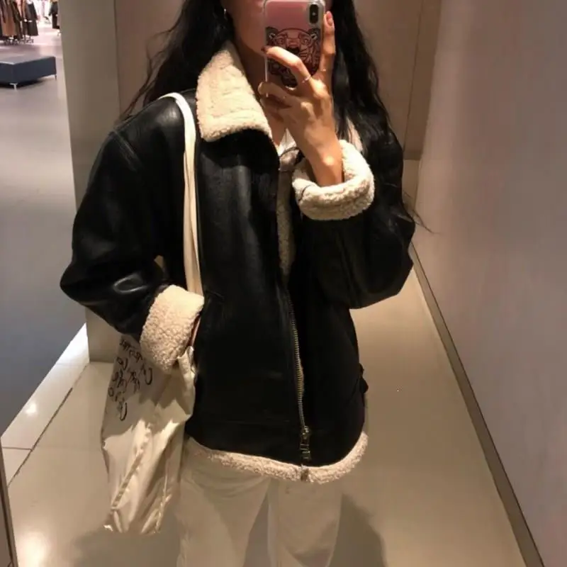 Осенне зимние женские теплые меховые пальто из искусственной кожи овечья кожа
