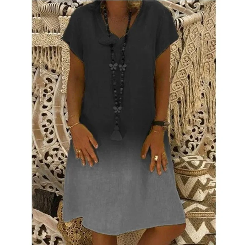 

New 2021 Summer Women Dress Fashion V-Neck Gradient Print Dresses Female Casual Loose Short Sleeve Boho 3XL Robe Party Vestidos