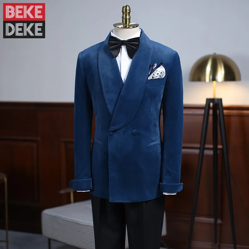 

Italy Style Party Wedding Double Breasted Suit Jacket Mens Slim Fit Fashion Blue Velvet Blazers Retro Elegant Dress Blazer Coats