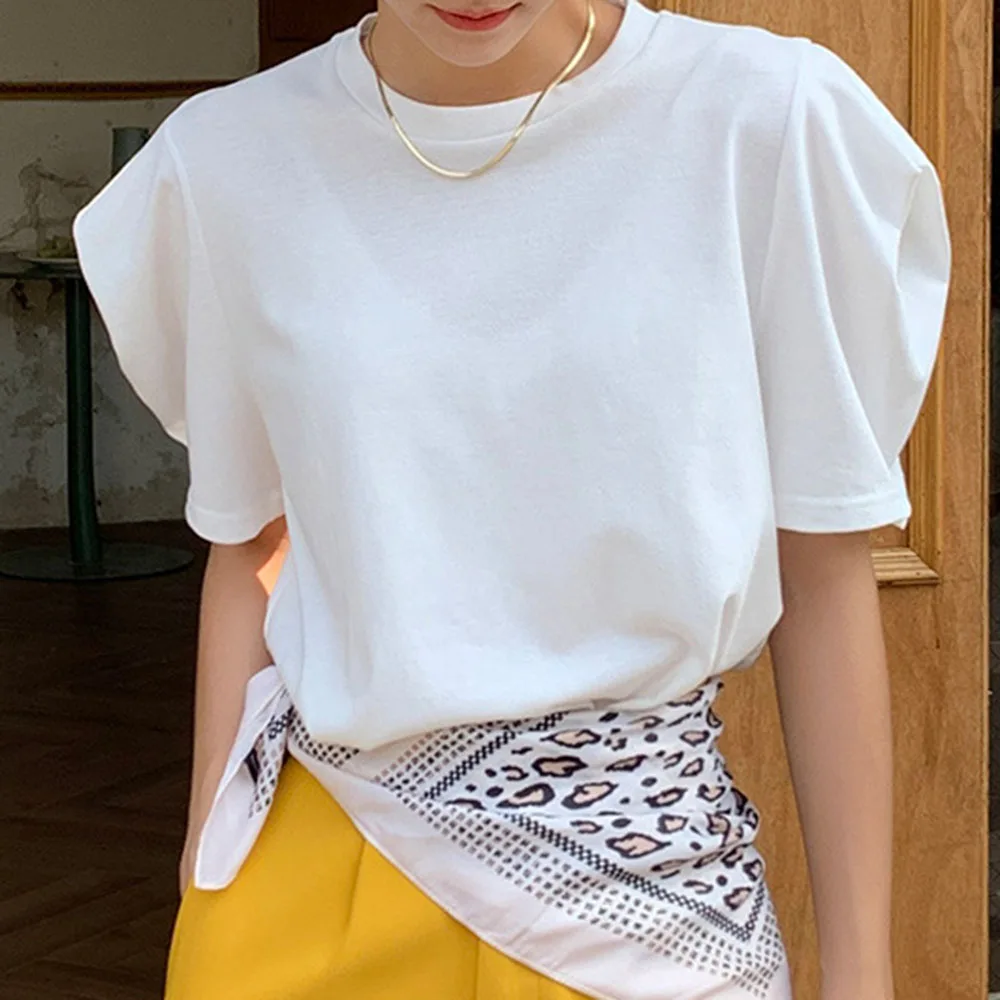 

2021 Summer Korean Fashion New T-Shirt Temperament Simple Loose Round Neck Solid Color Puff Sleeves All-match Hot Sale Top