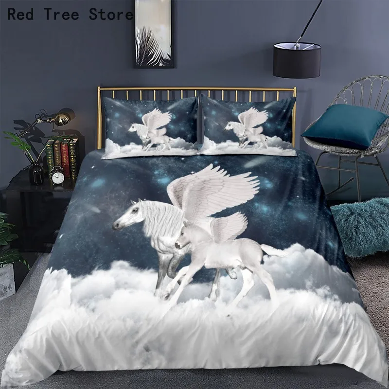 

White Horse Animal 3D Bedding Set Duvet Cover Quilt Comforter Pillowcase Bed Linens King Queen Full Size Unicorn Home Texitles