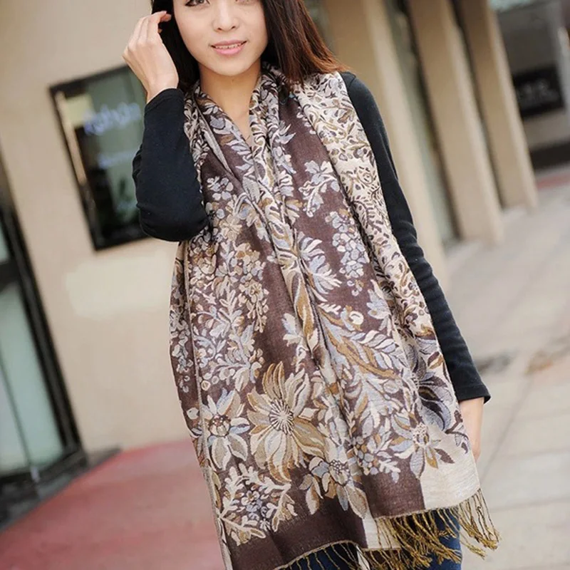 Осенне зимняя шаль в этническом стиле женский жаккардовый хлопковый и льняной