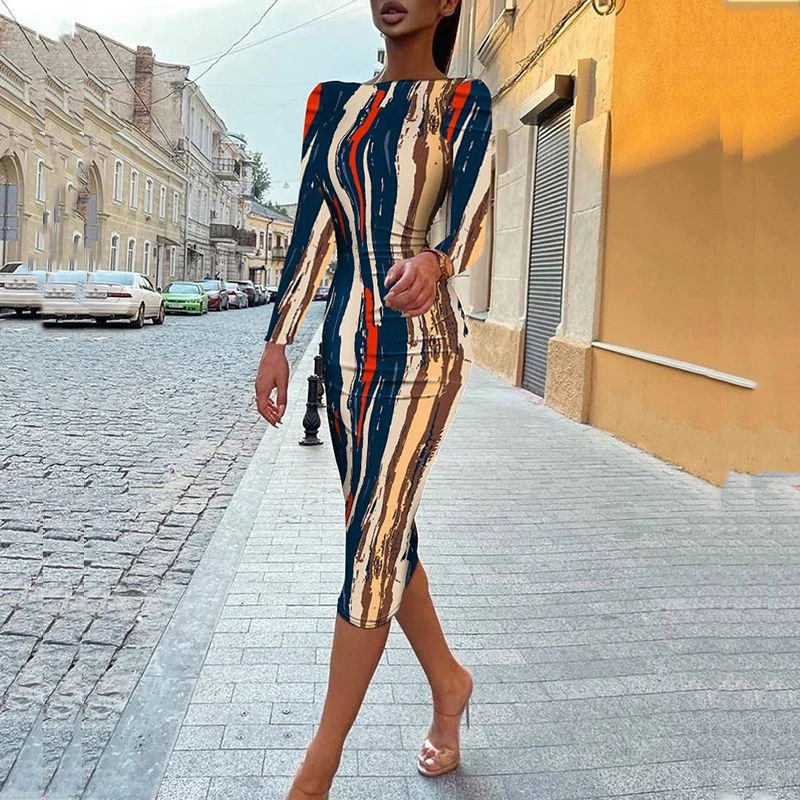 

Сексуальное женское платье, Осеннее модное повседневное облегающее платье с круглым вырезом и длинными рукавами, элегантные женские празд...