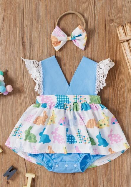 

Newborn Baby Girls Easter 2-piece Outfit Set Fly Sleeve Cartoon Rabbit Print Romper+Headband Set