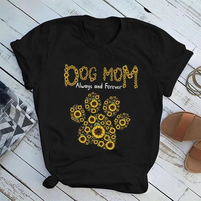 

Dog Mom Sunflower Paw Print Women T Shirt Short Sleeve O Neck Loose Women Tshirt Ladies Tee Shirt Tops Clothes Camisetas Mujer